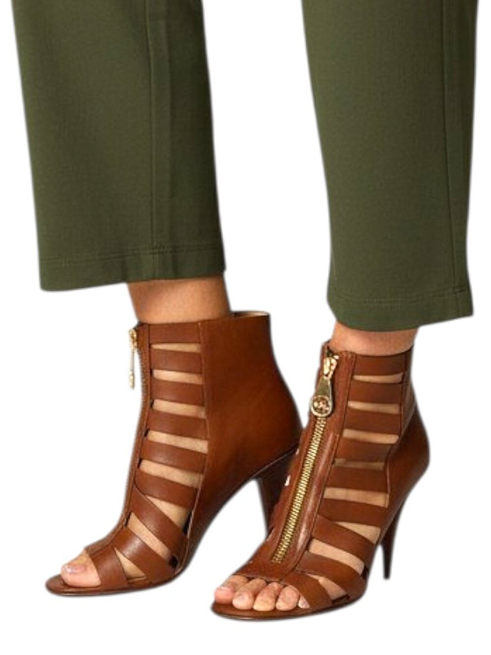 MICHAEL Michael Kors Leather Strappy Front Zip Stiletto Heel Sandal Designer - 8